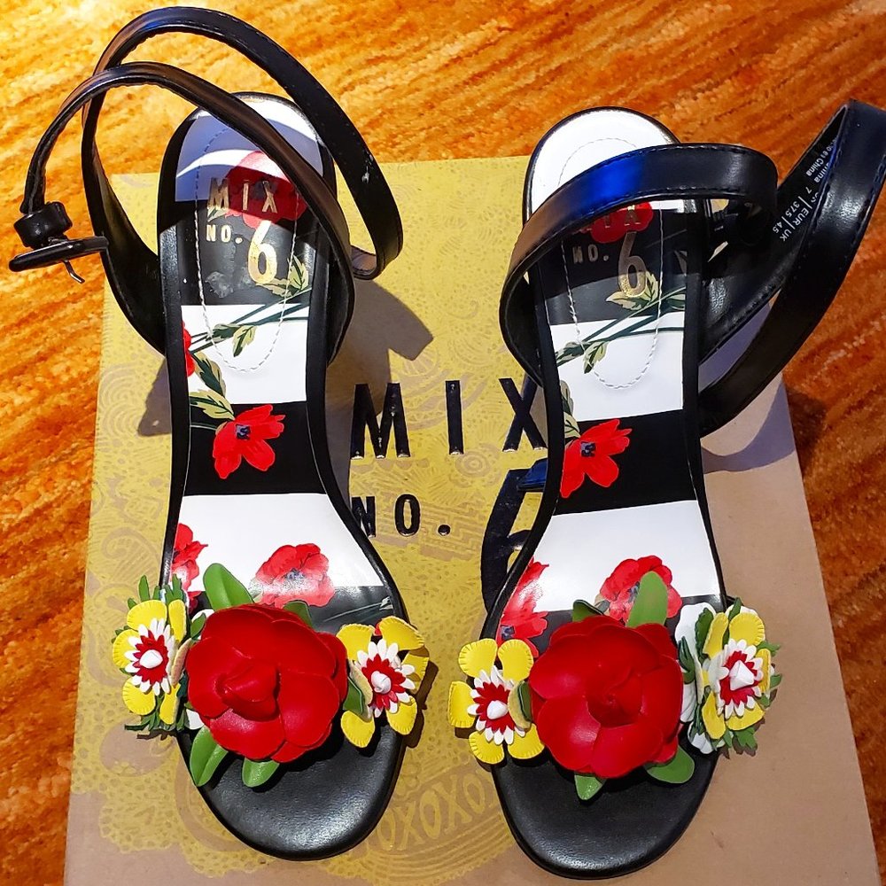 Mix No. 6 Floral Applique Ankle Strap Black Stiletto Heels (Size 7)